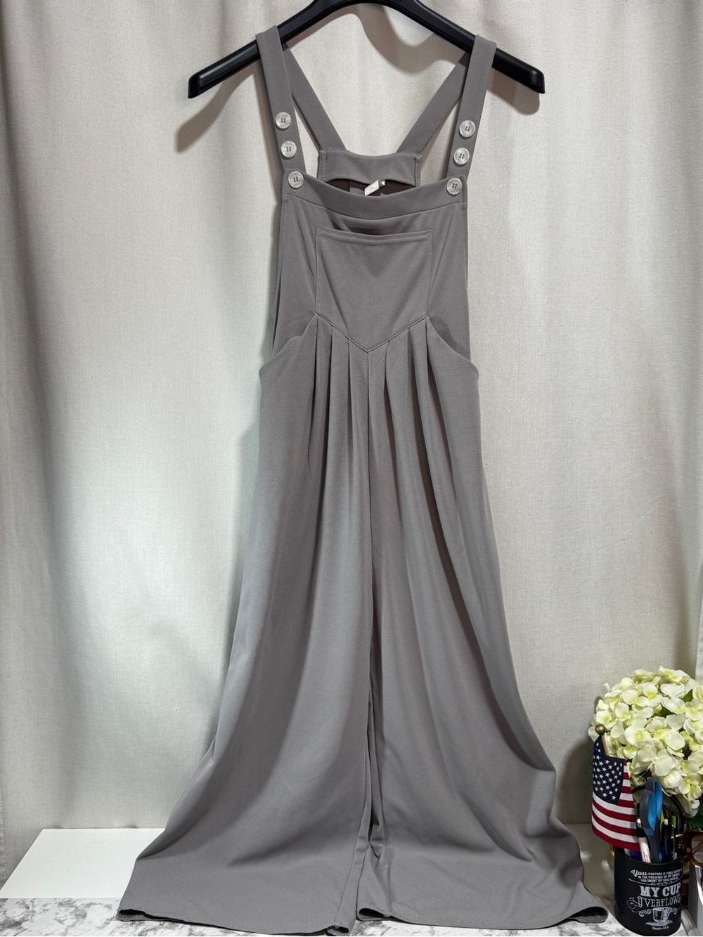 Halara Gray Wide-Leg Jumpsuit XS Square Neck Button Pleated Pockets Straps